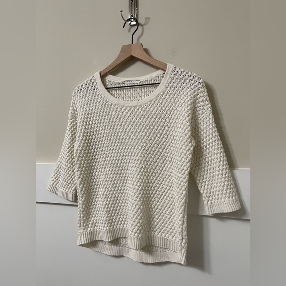 Athleta Off-White Cotton-Linen Blend Crochet High-Low Sweater Size Small - Picture 4 of 9